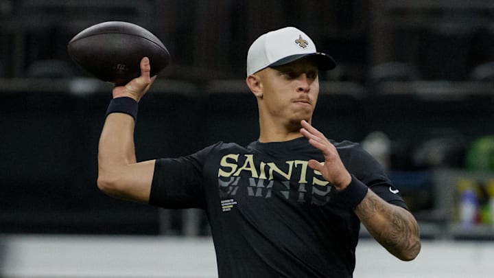Aug 23, 2025; New Orleans, Louisiana, USA; New Orleans Saints quarterback Spencer Rattler (2) warms up before a game against the Denver Broncos at Caesars Superdome. Mandatory Credit: Matthew Hinton-Imagn Images