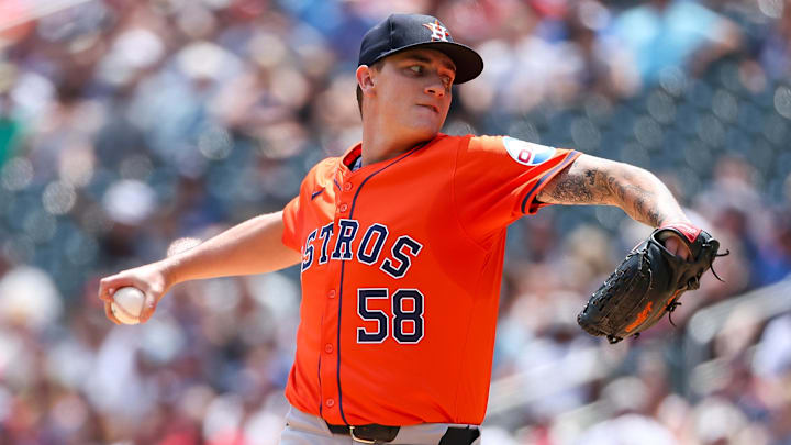 Jul 6, 2024; Minneapolis, Minnesota, USA; Houston Astros starting pitcher Hunter Brown (58) pitches against the Minnesota Twins during the first inning at Target Field. Mandatory Credit: Matt Krohn-USA TODAY Sports