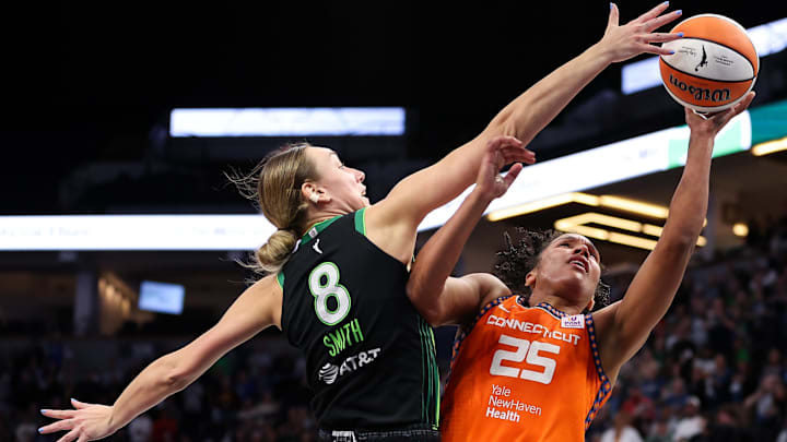 Oct 1, 2024; Minneapolis, Minnesota, USA; Connecticut Sun forward Alyssa Thomas (25) shoots as Minnesota Lynx forward Alanna Smith (8) defends during the second half of game two of the 2024 WNBA Semi-finals at Target Center. Mandatory Credit: Matt Krohn-Imagn Images Oct 1, 2024; Minneapolis, Minnesota, USA; Connecticut Sun forward Alyssa Thomas (25) shoots as Minnesota Lynx forward Alanna Smith (8) defends during the second half of game two of the 2024 WNBA Semi-finals at Target Center. Mandatory Credit: Matt Krohn-Imagn Images