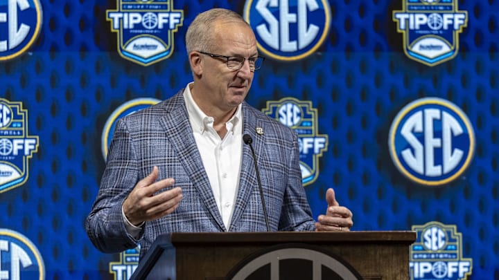 SEC commissioner Greg Sankey talks with the media during SEC Media Days at Grand Bohemian Hotel.