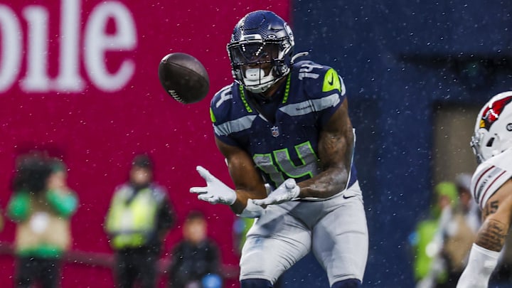 Nov 24, 2024; Seattle, Washington, USA; Seattle Seahawks wide receiver DK Metcalf (14) catches a pass against the Arizona Cardinals during the fourth quarter at Lumen Field. Mandatory Credit: Joe Nicholson-Imagn Images