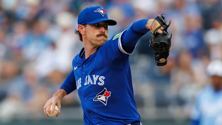 Toronto Blue Jays pitcher Shane Bieber (57) pitches during the first inning against the Kansas City Royals at Kauffman Stadium. 