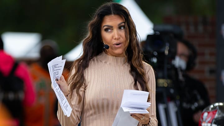 Molly Qerim speaks to the crowd during a live taping of ESPN's “First Take”.