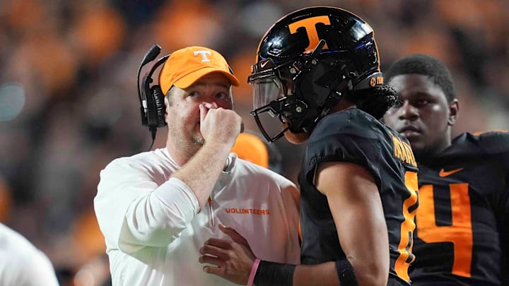 Tennessee head coach Josh Heupel talks to Tennessee quarterback Nico Iamaleava (8) on the sideline during a game between Tennessee and Kentucky at Neyland Stadium in Knoxville, Tenn., Saturday, Nov. 2, 2024. Tennessee head coach Josh Heupel talks to Tennessee quarterback Nico Iamaleava (8) on the sideline during a game between Tennessee and Kentucky at Neyland Stadium in Knoxville, Tenn., Saturday, Nov. 2, 2024.