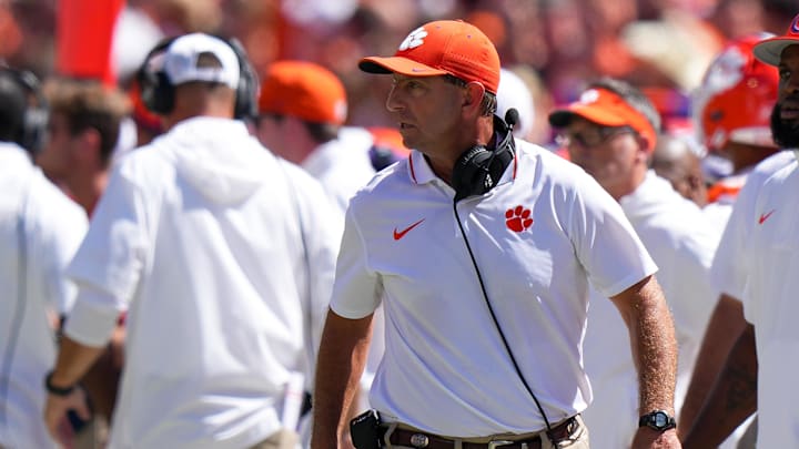Sep 23, 2023; Clemson, South Carolina, USA; Clemson Tigers head coach Dabo Swinney on the sideline