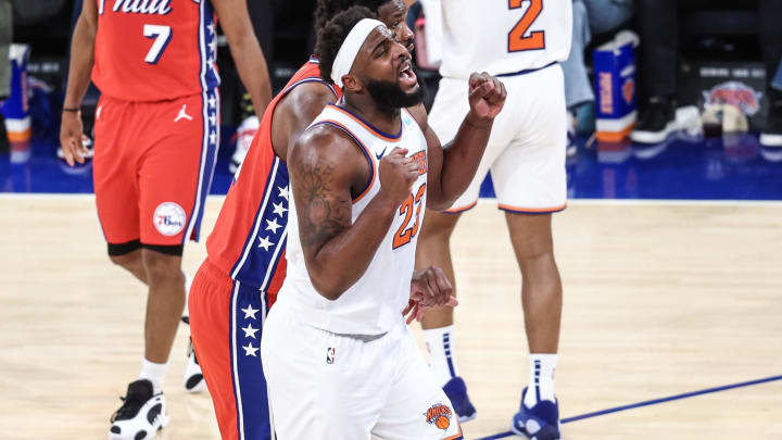 Apr 20, 2024; New York, New York, USA; New York Knicks center Mitchell Robinson (23) after being Apr 20, 2024; New York, New York, USA; New York Knicks center Mitchell Robinson (23) after being