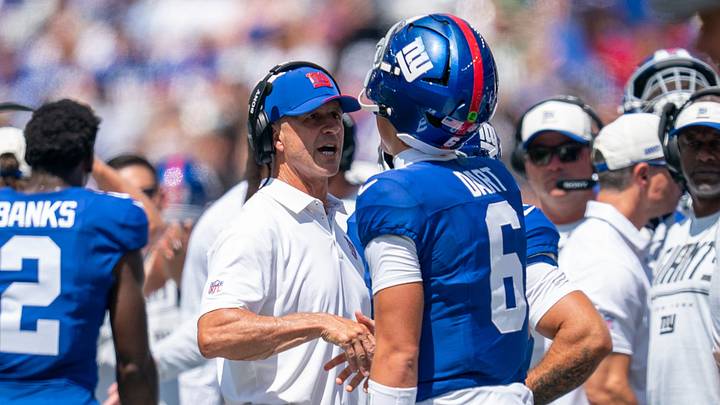 New York Giants head coach John Harbaugh chats with New York Giants quarterback Jaxson Dart (6) after a touchdown during a preseason opening game between the New York Giants and Minnesota Vikings on Saturday, Aug. 15, 2026, at MetLife Stadium in East Rutherford, NJ. New York Giants head coach John Harbaugh chats with New York Giants quarterback Jaxson Dart (6) after a touchdown during a preseason opening game between the New York Giants and Minnesota Vikings on Saturday, Aug. 15, 2026, at MetLife Stadium in East Rutherford, NJ.