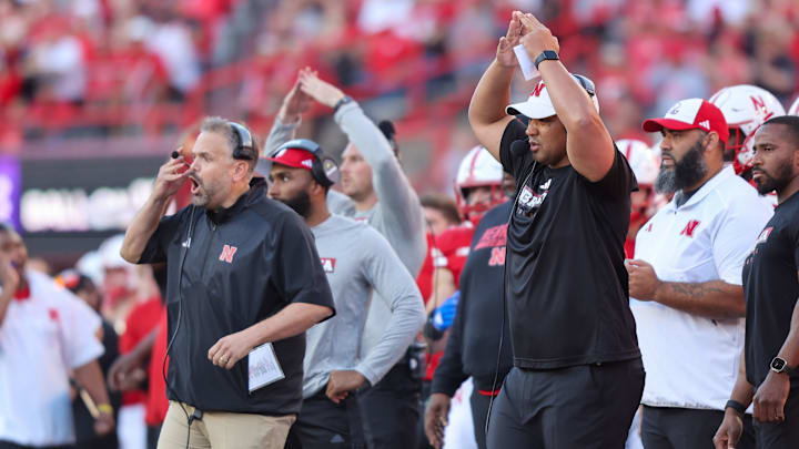 Matt Rhule and Tony White during the Huskers' 2023 win over Northwestern.