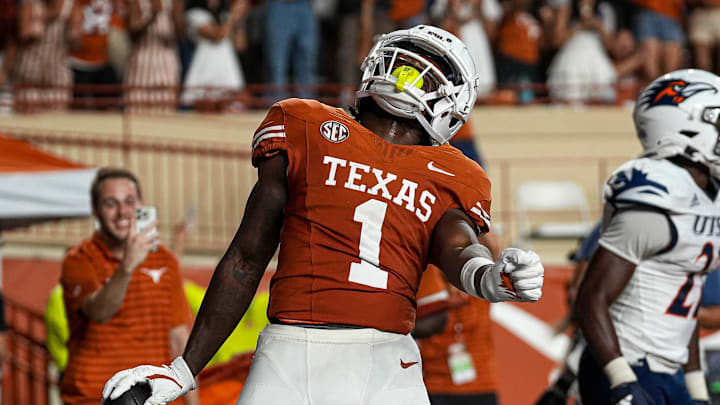 Texas Longhorns receiver Johntay Cook II (1) celebrates a touchdown catch during the game against UTSA at Darrell K Royal-Texas Memorial Stadium in Austin on Saturday, Sept. 14, 2024.