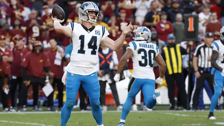 Oct 20, 2024; Landover, Maryland, USA; Carolina Panthers quarterback Andy Dalton (14) passes the ball against the Washington Commanders during the second quarter at Northwest Stadium. Mandatory Credit: Geoff Burke-Imagn Images Oct 20, 2024; Landover, Maryland, USA; Carolina Panthers quarterback Andy Dalton (14) passes the ball against the Washington Commanders during the second quarter at Northwest Stadium. Mandatory Credit: Geoff Burke-Imagn Images