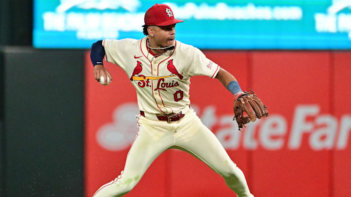 Sep 6, 2025; St. Louis, Missouri, USA; St. Louis Cardinals shortstop Masyn Winn (0) throws to first base against the San Francisco Giants at Busch Stadium. Mandatory Credit: Tim Vizer-Imagn Images Sep 6, 2025; St. Louis, Missouri, USA; St. Louis Cardinals shortstop Masyn Winn (0) throws to first base against the San Francisco Giants at Busch Stadium. Mandatory Credit: Tim Vizer-Imagn Images