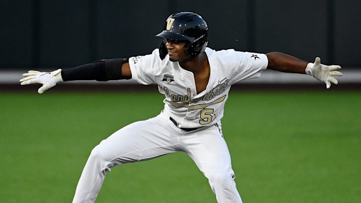 Vanderbilt s Enrique Bradfield Jr. (51) celebrates after hitting a double to right field against Eastern Illinois in the third inning of an NCAA college baseball tournament regional game Friday, June 2, 2023, in Nashville, Tenn. Vanderbilt s Enrique Bradfield Jr. (51) celebrates after hitting a double to right field against Eastern Illinois in the third inning of an NCAA college baseball tournament regional game Friday, June 2, 2023, in Nashville, Tenn.