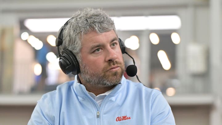 Head coach Pete Golding speaks at Ole Miss “Meet the Rebels” in Oxford, Miss. on Saturday, April 25, 2026.