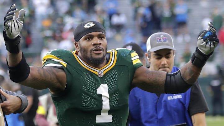 Sep 7, 2025; Green Bay, Wisconsin, USA; Green Bay Packers defensive end Micah Parsons (1) celebrates after their win against the Detroit Lions at Lambeau Field. Mandatory Credit: Mark Hoffman-USA TODAY Network via Imagn Images