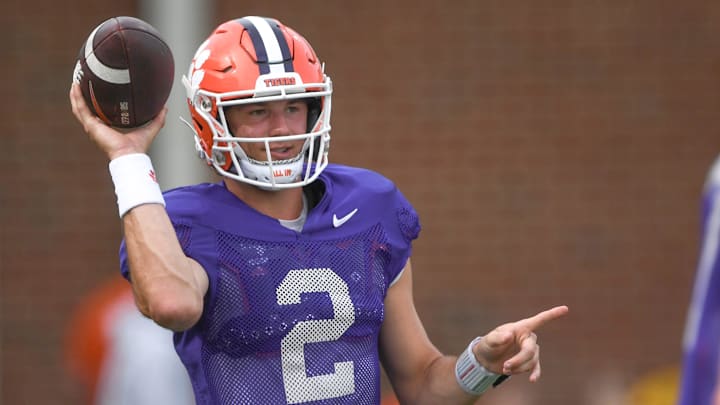 Clemson quarterback Cade Klubnik (2) passes during Spring Practice in Clemson, S.C. Monday, March 24, 2025.