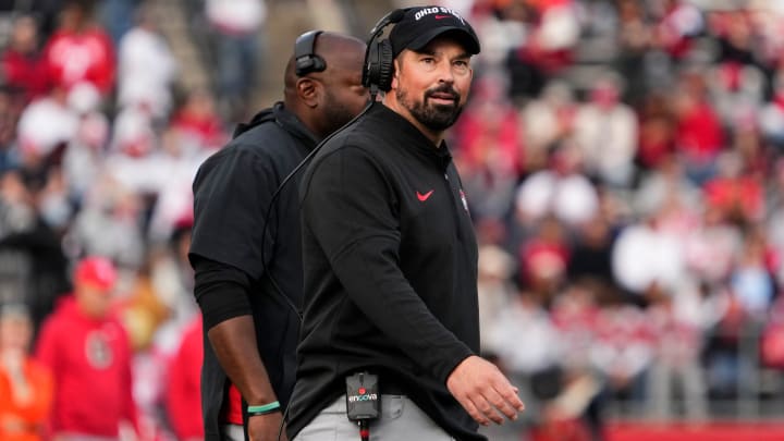 Nov 4, 2023; Piscataway, New Jersey, USA; Ohio State Buckeyes head coach Ryan Day looks to the scoreboard during the NCAA football game against the Rutgers Scarlet Knights at SHI Stadium. Ohio State won 35-16. Nov 4, 2023; Piscataway, New Jersey, USA; Ohio State Buckeyes head coach Ryan Day looks to the scoreboard during the NCAA football game against the Rutgers Scarlet Knights at SHI Stadium. Ohio State won 35-16.