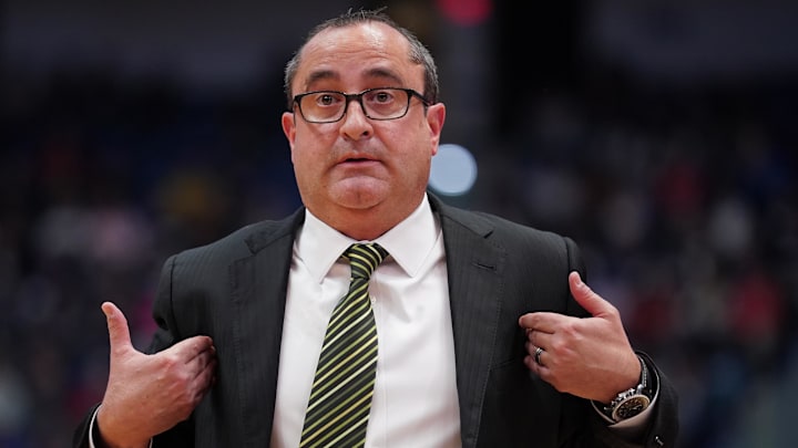 Mar 2, 2020; Hartford, Connecticut, USA; South Florida Bulls head coach Jose Fernandez reacts to the referees as they take on the UConn Huskies in the first half at XL Center. UConn defeated South Florida 80-39. Mandatory Credit: David Butler II-Imagn Images Mar 2, 2020; Hartford, Connecticut, USA; South Florida Bulls head coach Jose Fernandez reacts to the referees as they take on the UConn Huskies in the first half at XL Center. UConn defeated South Florida 80-39. Mandatory Credit: David Butler II-Imagn Images