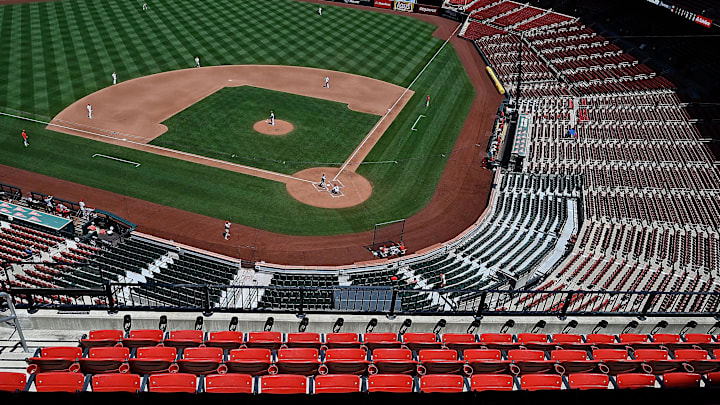 Jul 12, 2020; St. Louis, Missouri, United States; A view of empty seats as the St. Louis Cardinals play a simulated game at Busch Stadium. Mandatory Credit: Jeff Curry-Imagn Images Jul 12, 2020; St. Louis, Missouri, United States; A view of empty seats as the St. Louis Cardinals play a simulated game at Busch Stadium. Mandatory Credit: Jeff Curry-Imagn Images