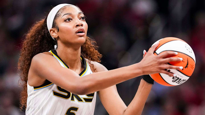 Chicago Sky forward Angel Reese (5) looks to shoot a basket Saturday, May 17, 2025, during a game between the Indiana Fever and the Chicago Sky at Gainbridge Fieldhouse in Indianapolis. The Indiana Fever defeated the Chicago Sky, 93-58. Chicago Sky forward Angel Reese (5) looks to shoot a basket Saturday, May 17, 2025, during a game between the Indiana Fever and the Chicago Sky at Gainbridge Fieldhouse in Indianapolis. The Indiana Fever defeated the Chicago Sky, 93-58.