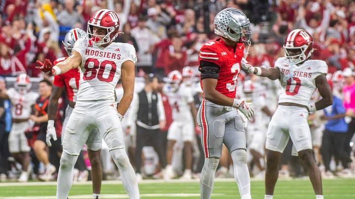 Indiana's Charlie Becker (80) celebrates his first down catch during the Indiana versus Ohio State Big Ten Championship football game at Lucas Oil Stadium on Saturday, Dec. 6, 2025.