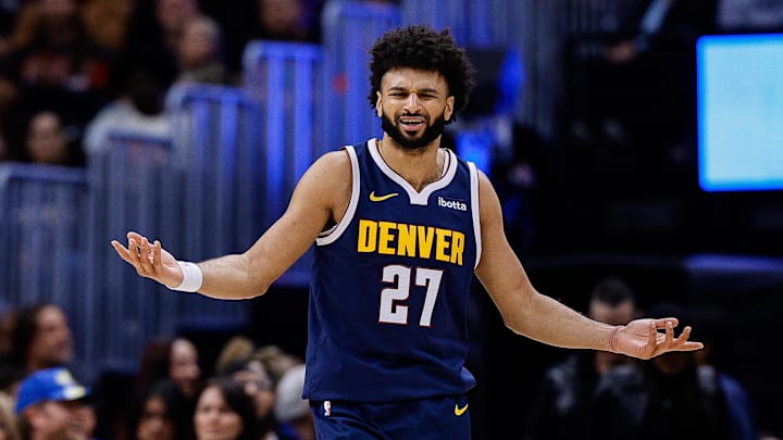 Oct 29, 2025; Denver, Colorado, USA; Denver Nuggets guard Jamal Murray (27) reacts after a play in the third quarter against the New Orleans Pelicans at Ball Arena. Mandatory Credit: Isaiah J. Downing-Imagn Images