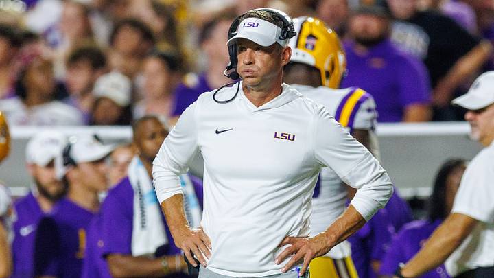 Sep 5, 2026; Baton Rouge, Louisiana, USA;  LSU Tigers head coach Lane Kiffin watches game play against the Clemson Tigers during the first half at Tiger Stadium.  Mandatory Credit: Stephen Lew-Imagn Images