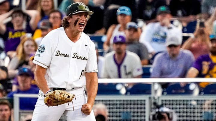 Jun 19, 2023; Omaha, NE, USA; Wake Forest Demon Deacons first baseman Nick Kurtz (8) celebrates after defeating the LSU Tigers at Charles Schwab Field Omaha. Mandatory Credit: Dylan Widger-Imagn Images