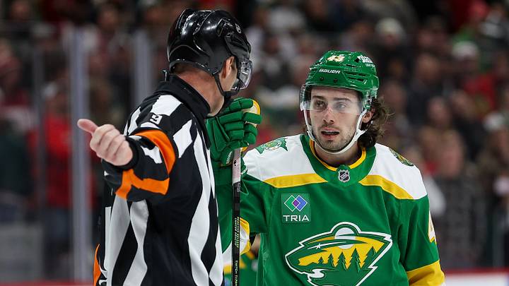 Minnesota Wild defenseman Quinn Hughes (43) talks with referee Dan O'Rourke (9) during overtime against the Chicago Blackhawks at Grand Casino Arena. Mandatory Credit: Matt Krohn-Imagn Images Minnesota Wild defenseman Quinn Hughes (43) talks with referee Dan O'Rourke (9) during overtime against the Chicago Blackhawks at Grand Casino Arena. Mandatory Credit: Matt Krohn-Imagn Images