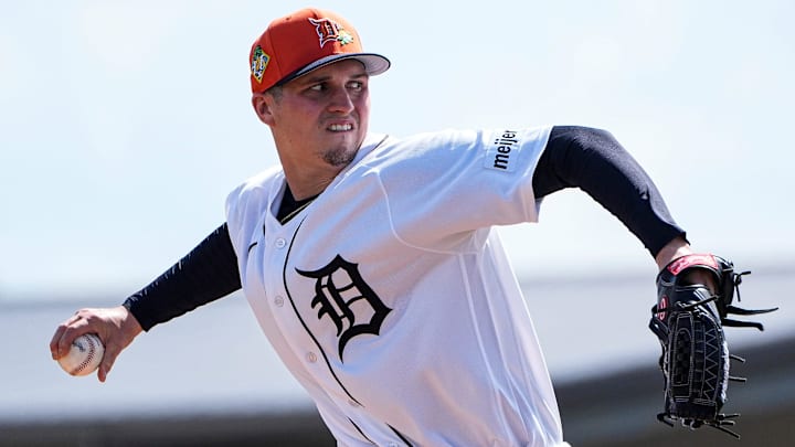 Detroit Tigers pitcher Ty Madden throws at live batting practice during spring training at TigerTown in Lakeland, Fla. on Saturday, Feb. 14, 2026. Detroit Tigers pitcher Ty Madden throws at live batting practice during spring training at TigerTown in Lakeland, Fla. on Saturday, Feb. 14, 2026.