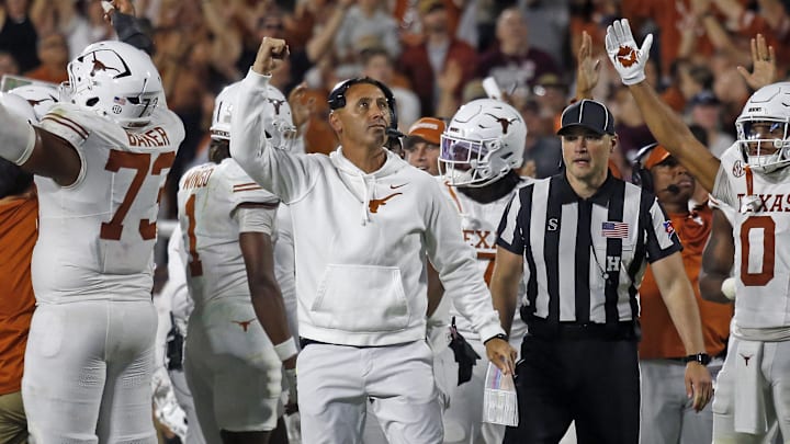 Texas Longhorns head coach Steve Sarkisian reacts after a touchdown during overtime against the Mississippi State Bulldogs at Davis Wade Stadium at Scott Field. 