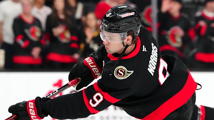 Oct 25, 2024; Las Vegas, Nevada, USA; Ottawa Senators center Josh Norris (9) warms up before a game against the Vegas Golden Knights at T-Mobile Arena. Mandatory Credit: Stephen R. Sylvanie-Imagn Images