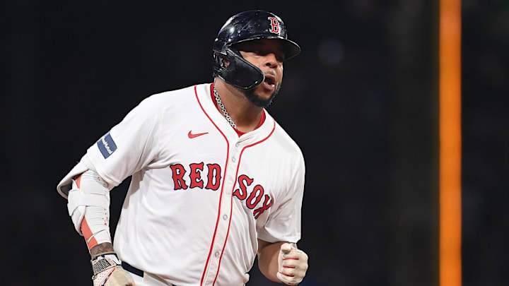 Jul 29, 2024; Boston, Massachusetts, USA; Boston Red Sox first baseman Dominic Smith (2) runs out the bases after hitting a home run against the Seattle Mariners during the fifth inning at Fenway Park. Mandatory Credit: Eric Canha-Imagn Images