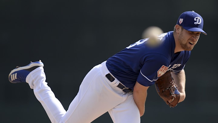 Feb 25, 2019; Phoenix, AZ, USA; Los Angeles Dodgers starting pitcher Brock Stewart (48) pitches against the Chicago Cubs during the first inning at Camelback Ranch. Mandatory Credit: Joe Camporeale-Imagn Images