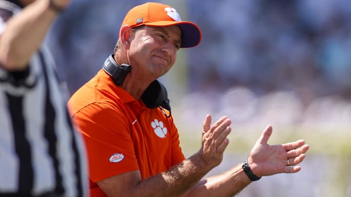 Sep 13, 2025; Atlanta, Georgia, USA; Clemson Tigers head coach Dabo Swinney on the sideline against the Georgia Tech Yellow Jackets in the first quarter at Bobby Dodd Stadium at Hyundai Field. Mandatory Credit: Brett Davis-Imagn Images

