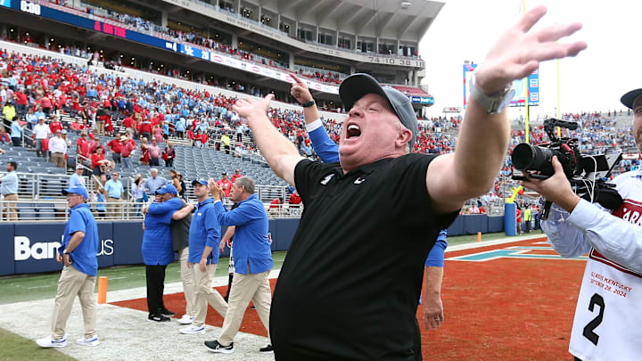 Sep 28, 2024; Oxford, Mississippi, USA; Kentucky Wildcats head coach  Mark Stoops reacts after defeating the Mississippi Rebels at Vaught-Hemingway Stadium. Mandatory Credit: Petre Thomas-Imagn Images