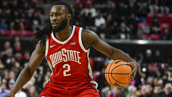 Feb 5, 2026; College Park, Maryland, USA;  Ohio State Buckeyes guard Bruce Thornton (2) dribbles during the first half against the Maryland Terrapins at Xfinity Center. Mandatory Credit: Tommy Gilligan-Imagn Images