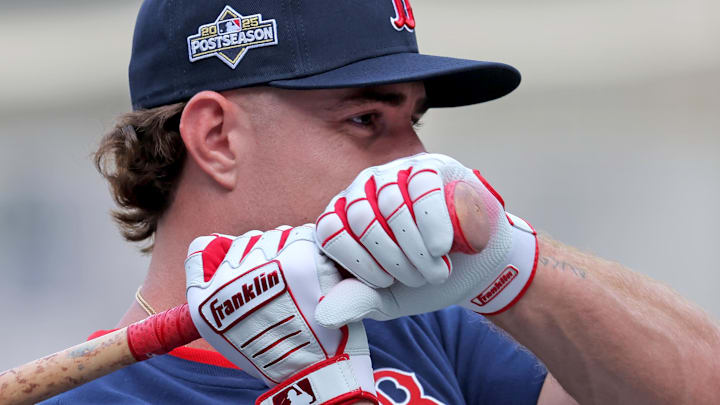 Sep 30, 2025; Bronx, New York, USA; Boston Red Sox first baseman Romy Gonzalez (23) takes batting practice before game one of the Wildcard round of the 2025 MLB playoffs against the New York Yankees at Yankee Stadium. Mandatory Credit: Brad Penner-Imagn Images