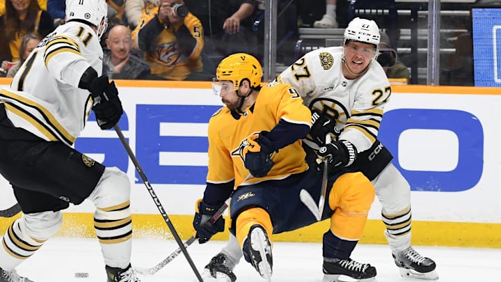Apr 2, 2024; Nashville, Tennessee, USA; Nashville Predators left wing Filip Forsberg (9) tries to