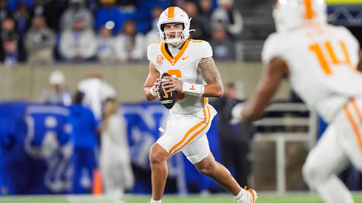 Tennessee quarterback Joey Aguilar (6) runs with the ball during a NCAA football game against Kentucky at Kroger Field in Lexington, Kentucky on Oct. 25, 2025. Tennessee quarterback Joey Aguilar (6) runs with the ball during a NCAA football game against Kentucky at Kroger Field in Lexington, Kentucky on Oct. 25, 2025.