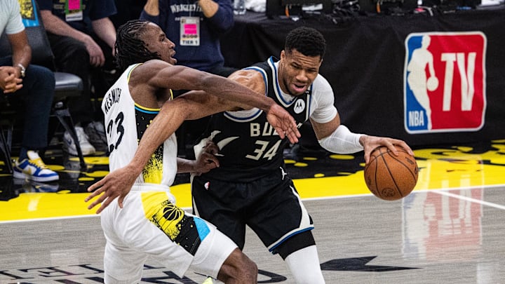 Giannis Antetokounmpo against the Indiana Pacers in Game 2. Giannis Antetokounmpo against the Indiana Pacers in Game 2.