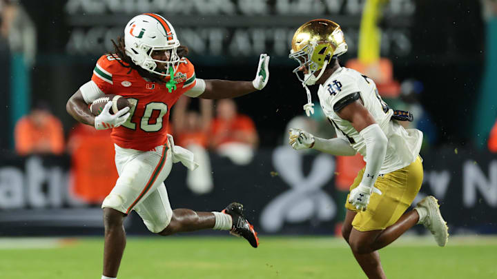 Miami wide receiver Malachi Toney had a team-high six receptions for 82 yards against Notre Dame.	