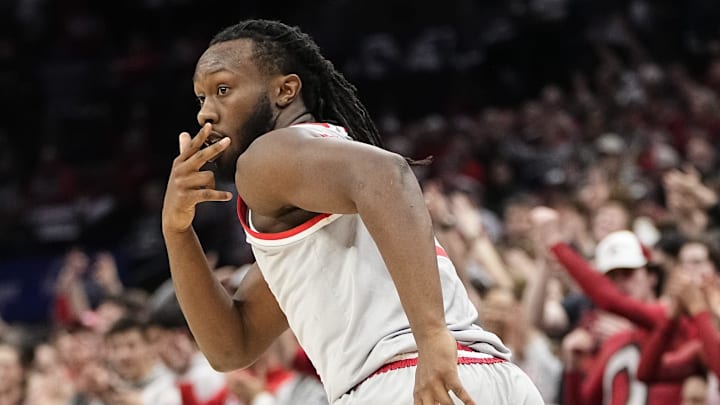 Feb 6, 2024; Columbus, Ohio, USA; Ohio State Buckeyes guard Bruce Thornton (2) reacts to hitting a three pointer during the first half of the men’s basketball game against the Indiana Hoosiers at Value City Arena.