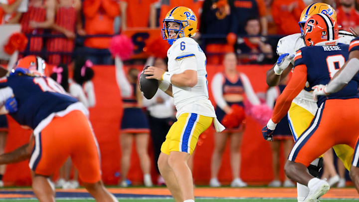 Oct 18, 2025; Syracuse, New York, USA; Pittsburgh Panthers quarterback Mason Heintschel (6) drops back to pass against the Syracuse Orange during the first half at the JMA Wireless Dome. Mandatory Credit: Rich Barnes-Imagn Images
