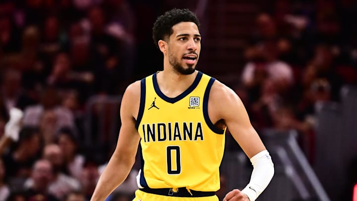 Indiana Pacers guard Tyrese Haliburton (0) celebrates during the second half against the Cleveland Cavaliers in game five of the second round for the 2025 NBA Playoffs.
