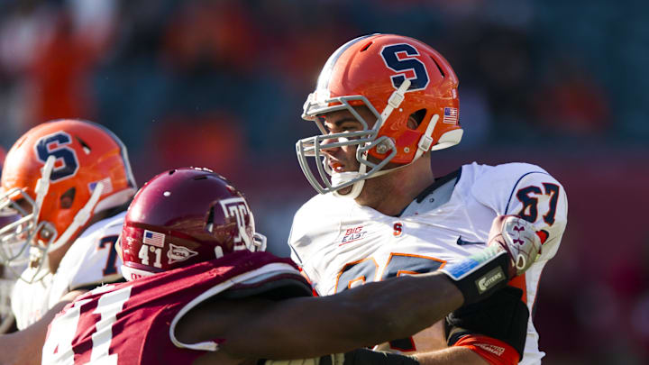 Nov 23, 2012; Philadelphia, PA, USA; Syracuse Orange offensive tackle Justin Pugh (67) .
