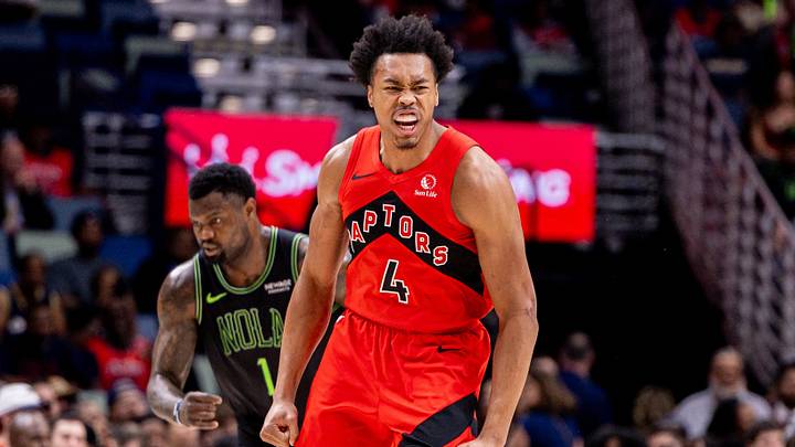 Mar 11, 2026; New Orleans, Louisiana, USA;  Toronto Raptors forward/guard Scottie Barnes (4) reacts to making a three point basket against the New Orleans Pelicans during the first half at Smoothie King Center. Mandatory Credit: Stephen Lew-Imagn Images