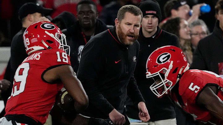 Georgia Defensive Glenn Schumann looks on during warm ups before the start of a NCAA college football game against Georgia Tech in Athens, Ga., on Friday, Nov. 29, 2024. Georgia Defensive Glenn Schumann looks on during warm ups before the start of a NCAA college football game against Georgia Tech in Athens, Ga., on Friday, Nov. 29, 2024.