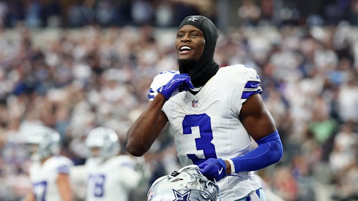 Dallas Cowboys wide receiver George Pickens reacts after a play against the New York Giants during the fourth quarter at AT&T Stadium.