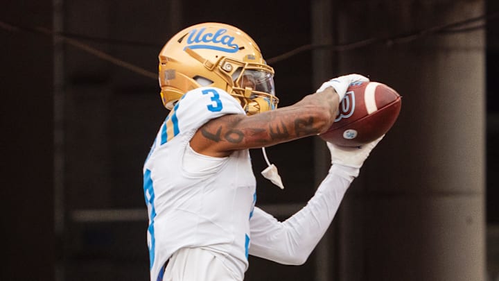 Nov 2, 2024; Lincoln, Nebraska, USA; UCLA Bruins wide receiver Kwazi Gilmer (3) warms up before a game against the Nebraska Cornhuskers at Memorial Stadium. Mandatory Credit: Dylan Widger-Imagn Images