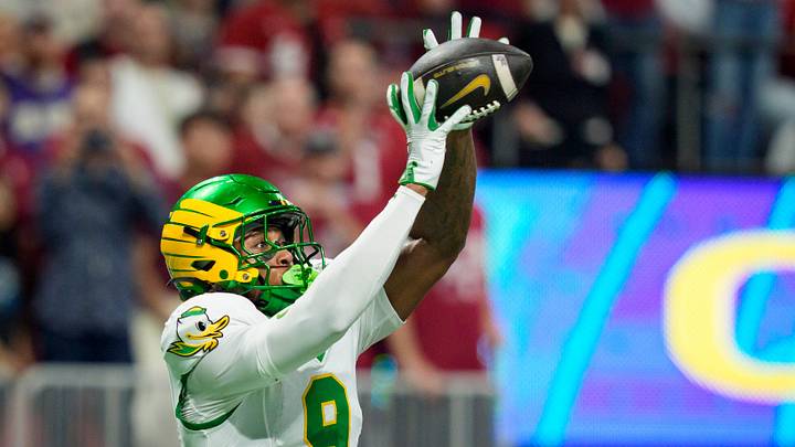 Oregon tight end Jamari Johnson hauls in a touchdown reception as the Oregon Ducks face the Indiana Hoosiers in the Peach Bowl on Jan. 9, 2026, at Mercedes-Benz Stadium in Atlanta, Georgia.
